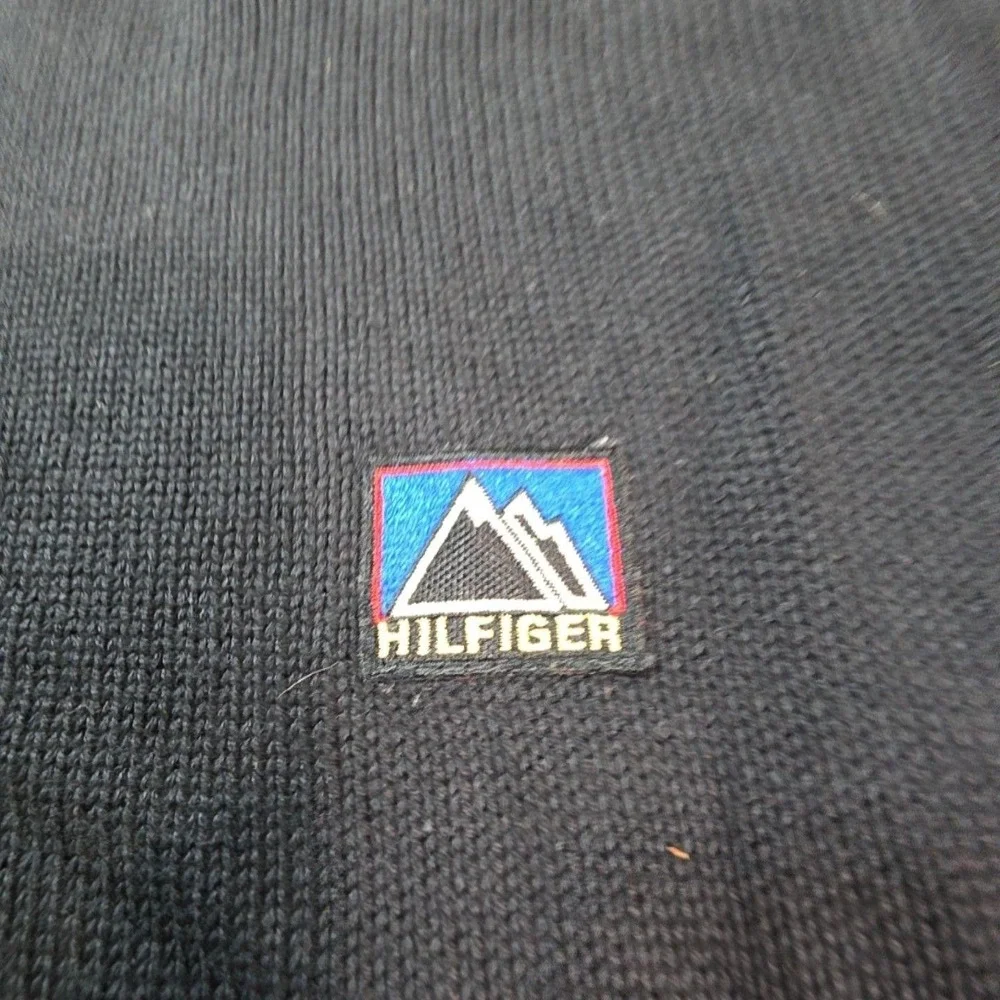 Tommy Hilfiger Sweater Mens Large Black Stripe Crewneck Knit Pullover Logo